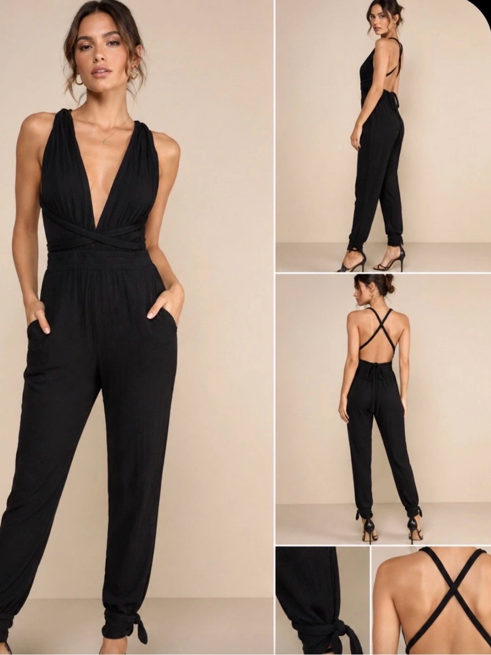 Lulu's Black Deep V Cross-Back Jumpsuit